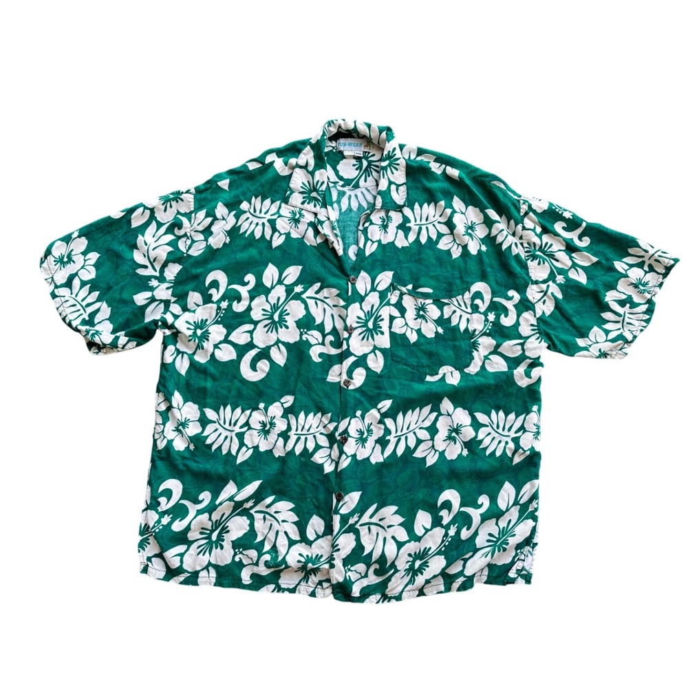 Fun-Wear‎ Hawaiian Shirt XXL Green White Hibiscus Tropical Camp Button Down